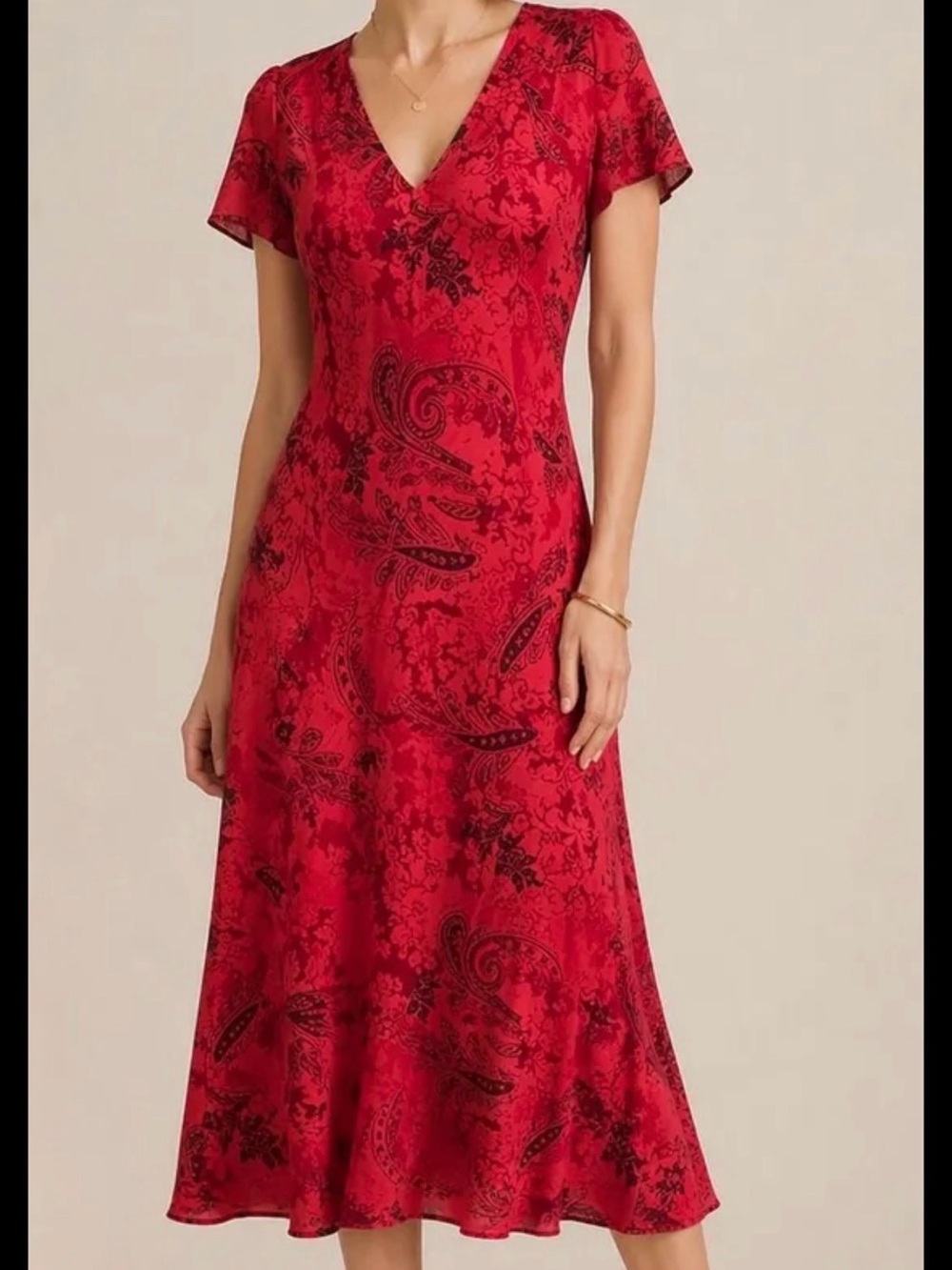 Positive Attitude Red Paisley V-Neck Midi Dress 12 Petite 90s Vintage EUC